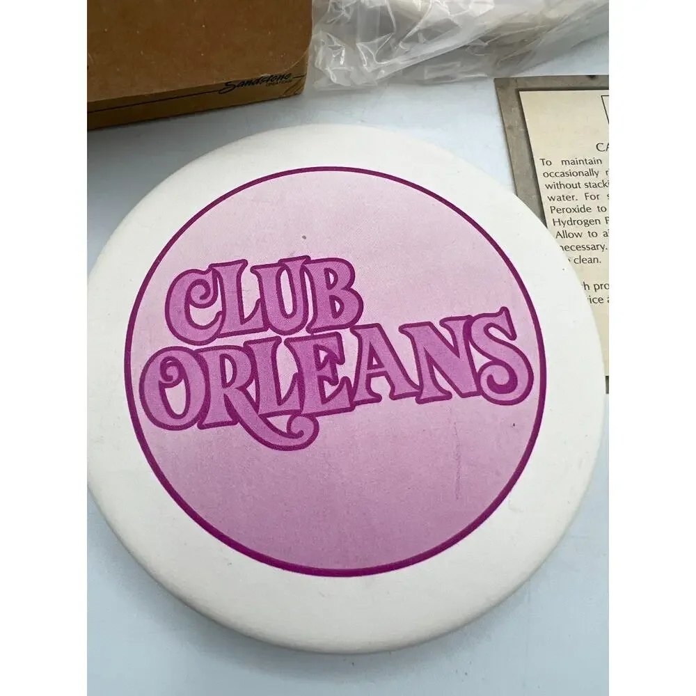 Club Orleans Casino Sandstone Drink Coasters Set of 4 Pink Logo With Box